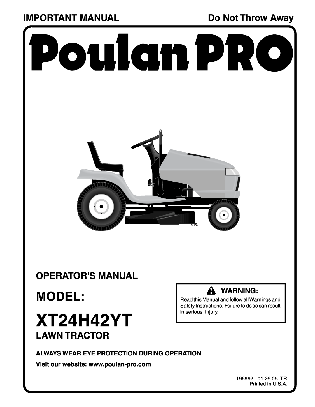 Poulan XT24H42YT manual Model, Important Manual, Operators Manual, Lawn Tractor, Do Not Throw Away, 02153 