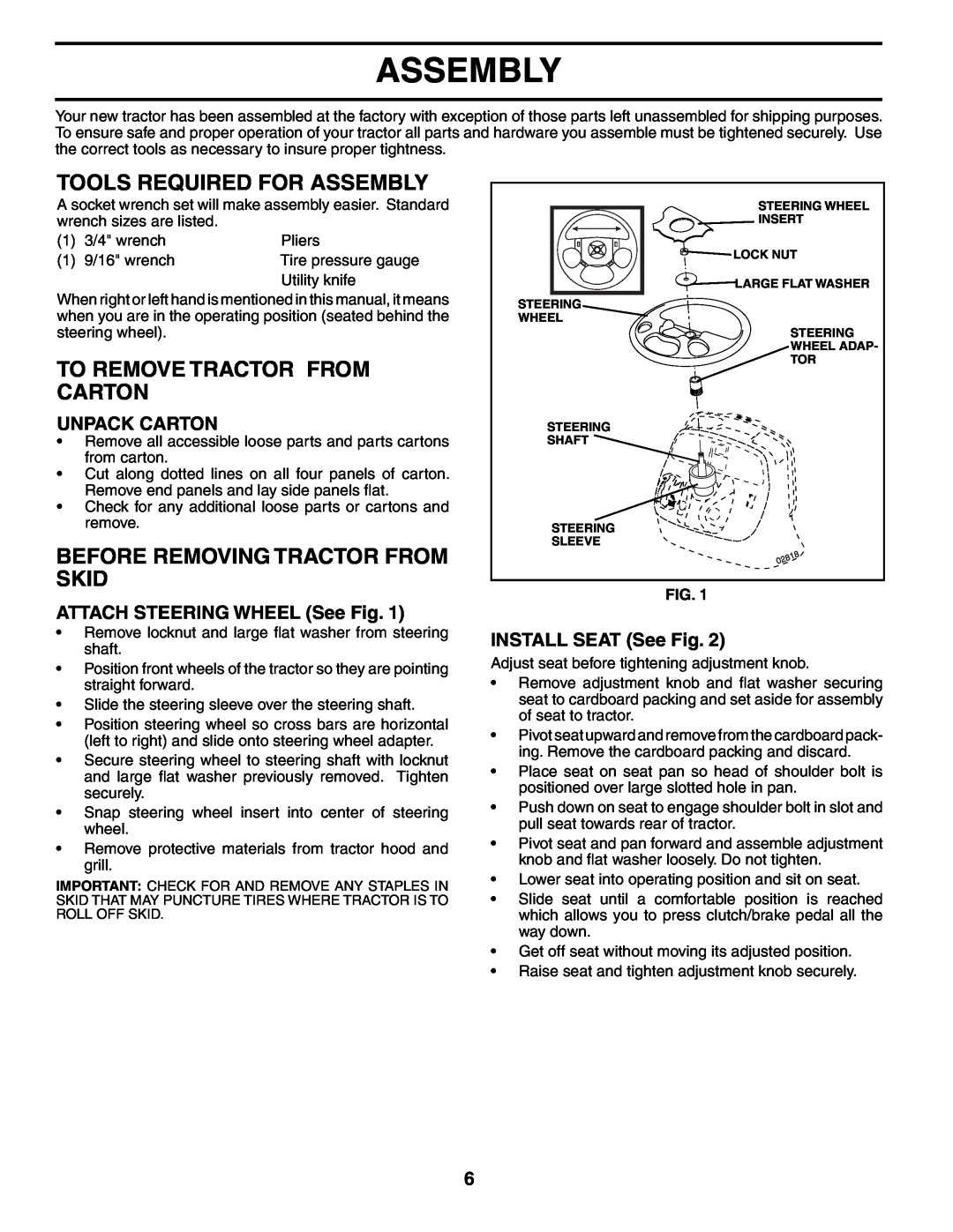 Poulan XT24H42YT manual Tools Required For Assembly, To Remove Tractor From Carton, Before Removing Tractor From Skid 