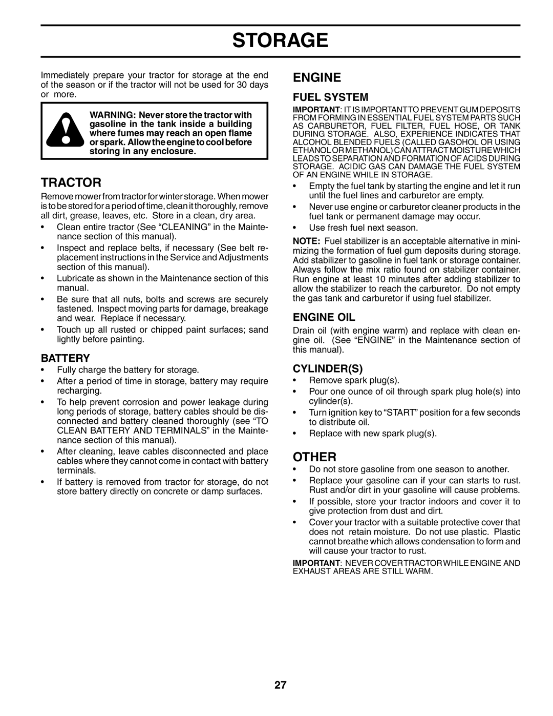 Poulan XT24H48YT manual Storage, Other, Fuel System, Engine OIL, Cylinders 