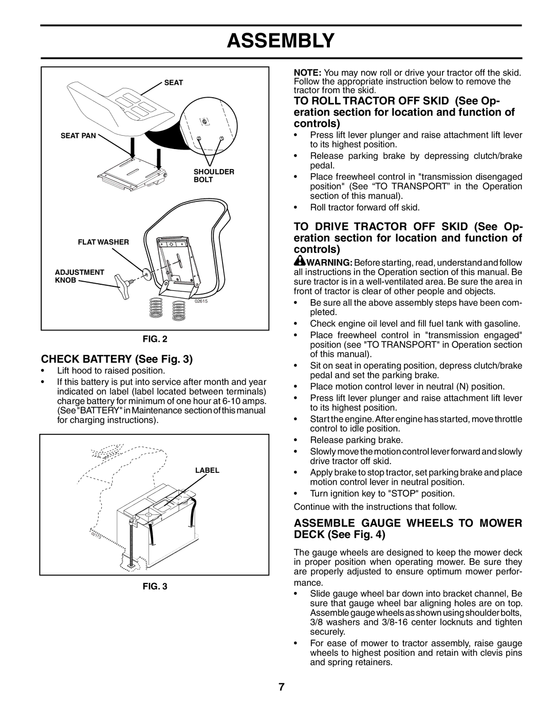 Poulan XT24H48YT manual Check Battery See Fig, Assemble Gauge Wheels to Mower Deck See Fig 