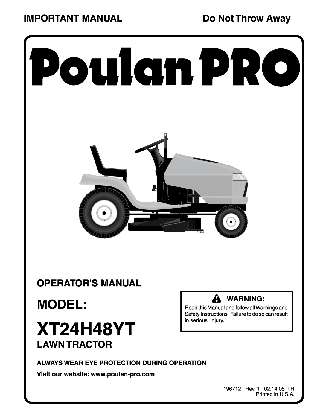 Poulan XT24H48YT manual Model, Important Manual, Operators Manual, Lawn Tractor, Do Not Throw Away, 02153 