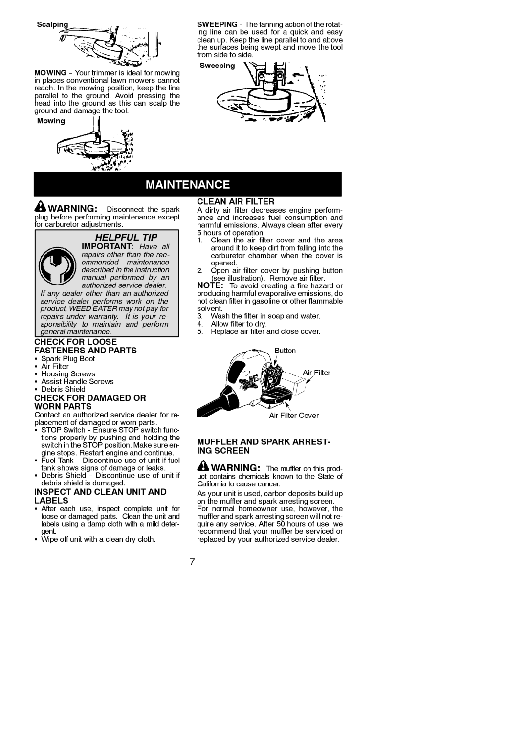 Poulan XT260, FX26 instruction manual Maintenance 