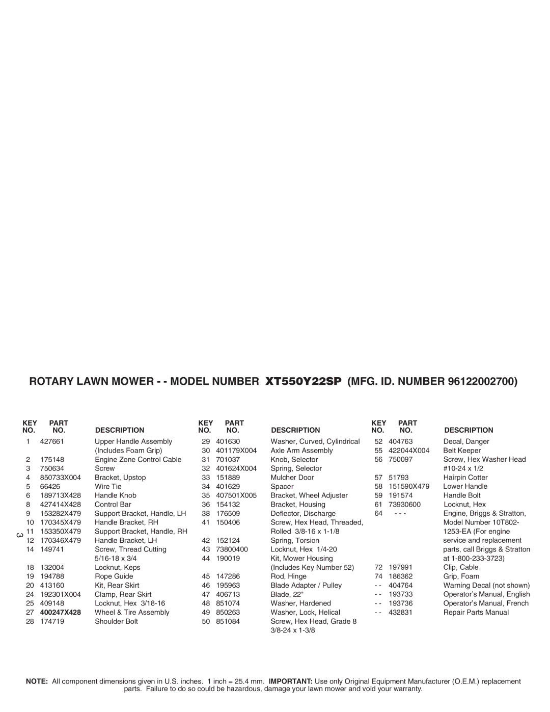 Poulan XT550Y22SP manual KEY Part 