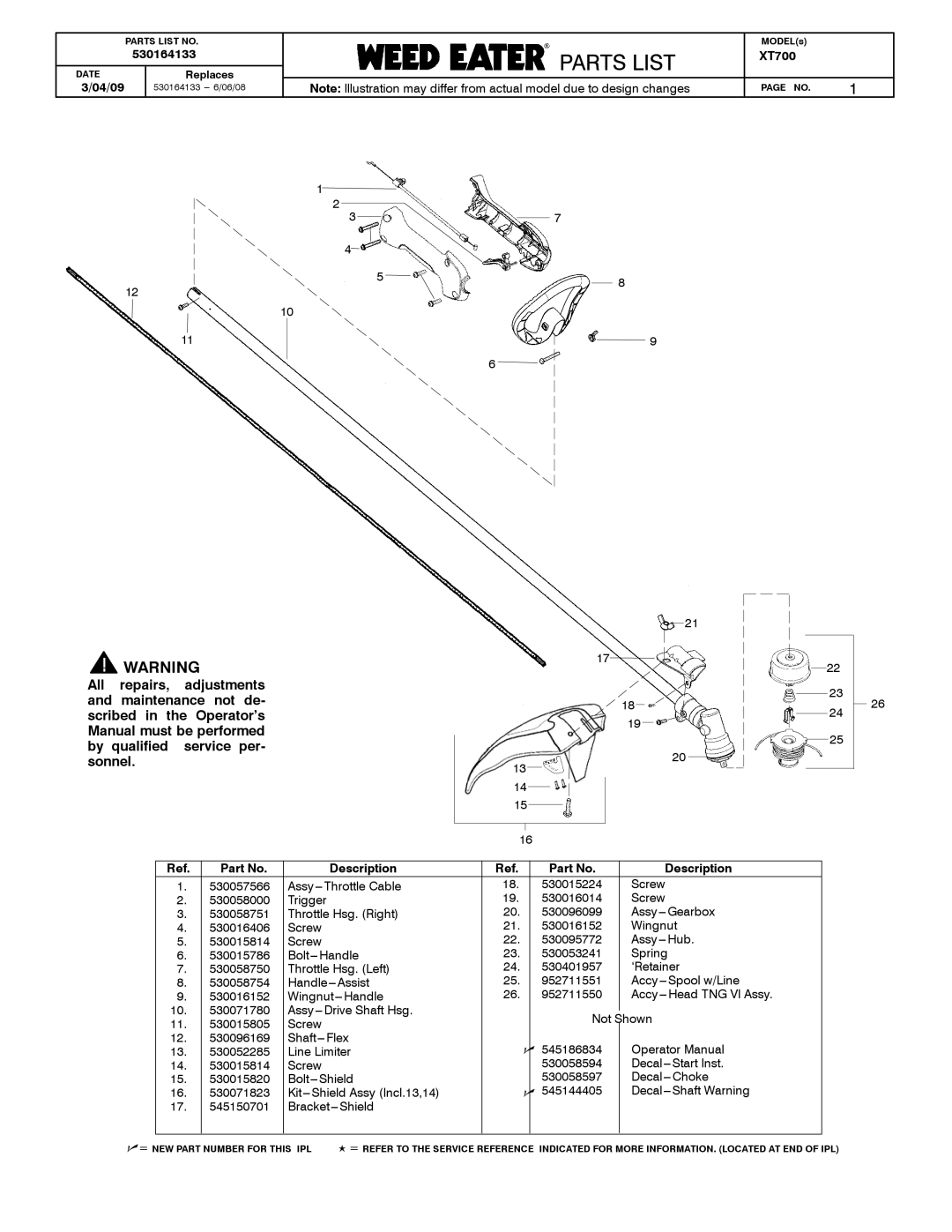 Poulan 530164133 manual Parts List, 04/09, XT700, Description 