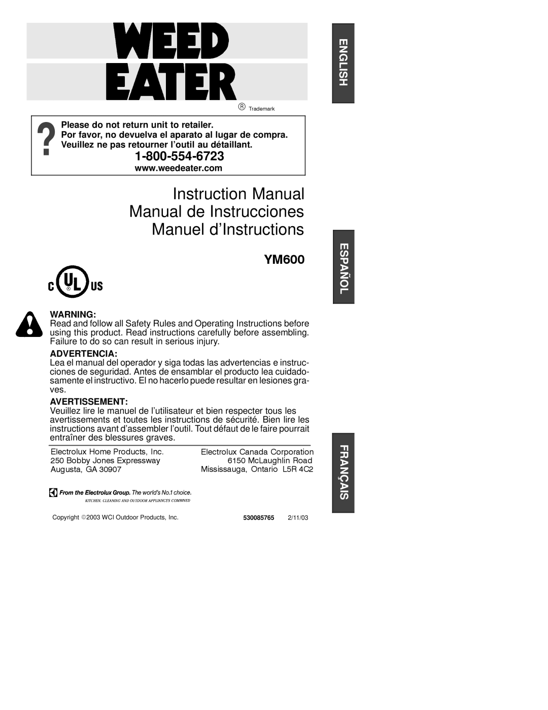 Poulan YM600 instruction manual Advertencia, Avertissement 