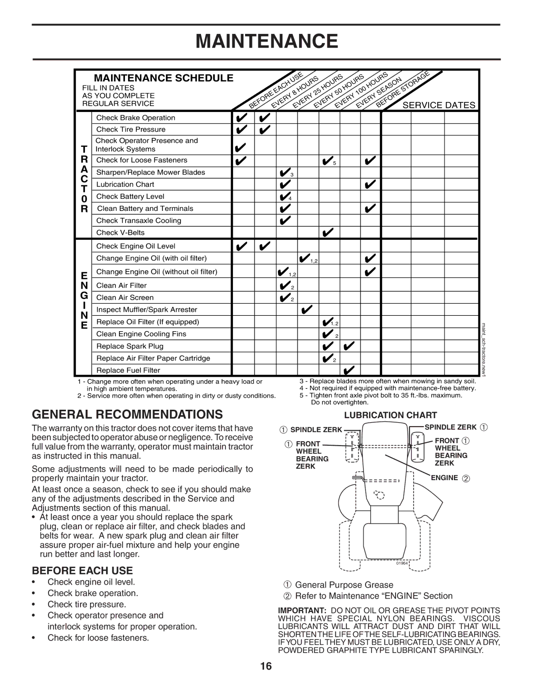 Poulan YTH2148 owner manual Maintenance, General Recommendations, Before Each USE 