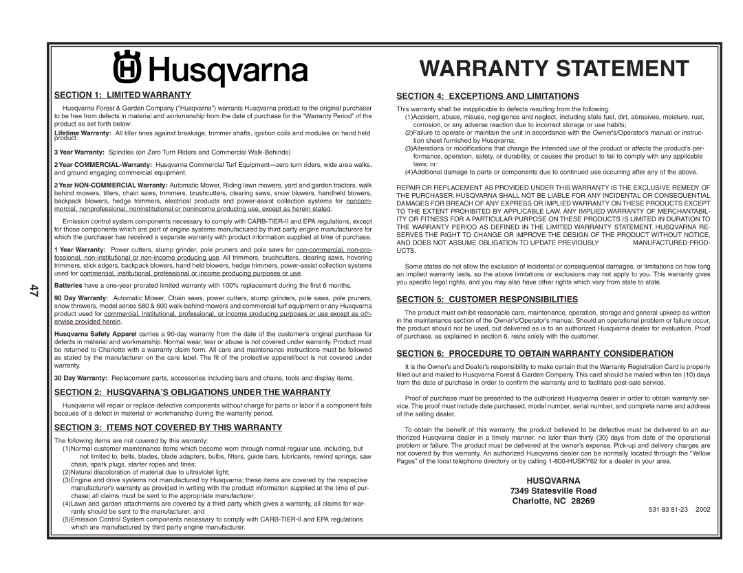 Poulan YTH2148 owner manual Warranty Statement 