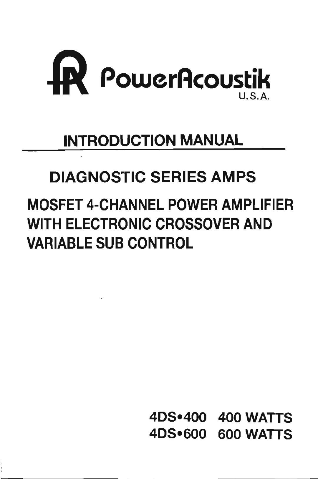 Power Acoustik 4DS.400 400 WATTS 4DS.600 600 WATTS manual 