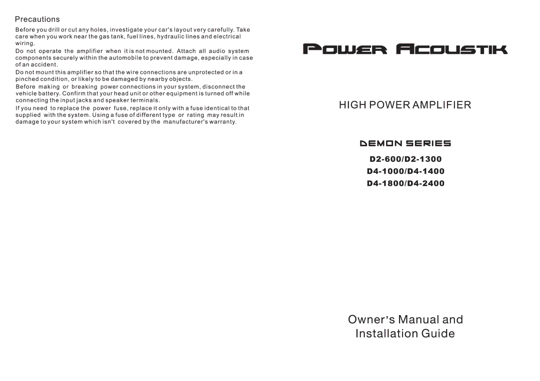 Power Acoustik D2-1300, D2-600, D4-2400, D4-1800, D4-1400, D4-1000 manual 