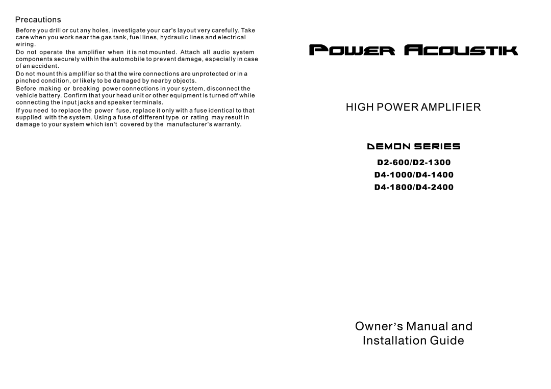 Power Acoustik D2-1300, D2-600, D4-2400, D4-1800, D4-1400, D4-1000 manual 