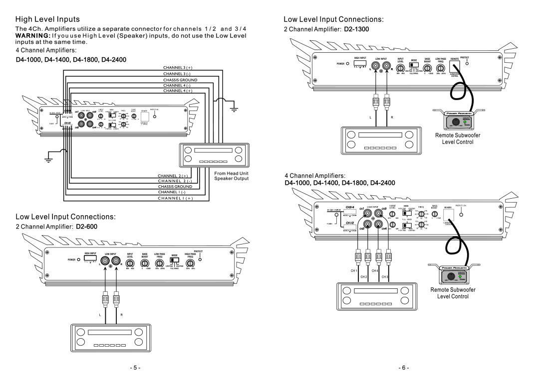 Power Acoustik D4-1400, D2-600, D2-1300 manual CH3/4, Hi Gh I Nput, CH 1/2, Power, Lowi Nput, Mode, Freq, Bass, Level, Boost 