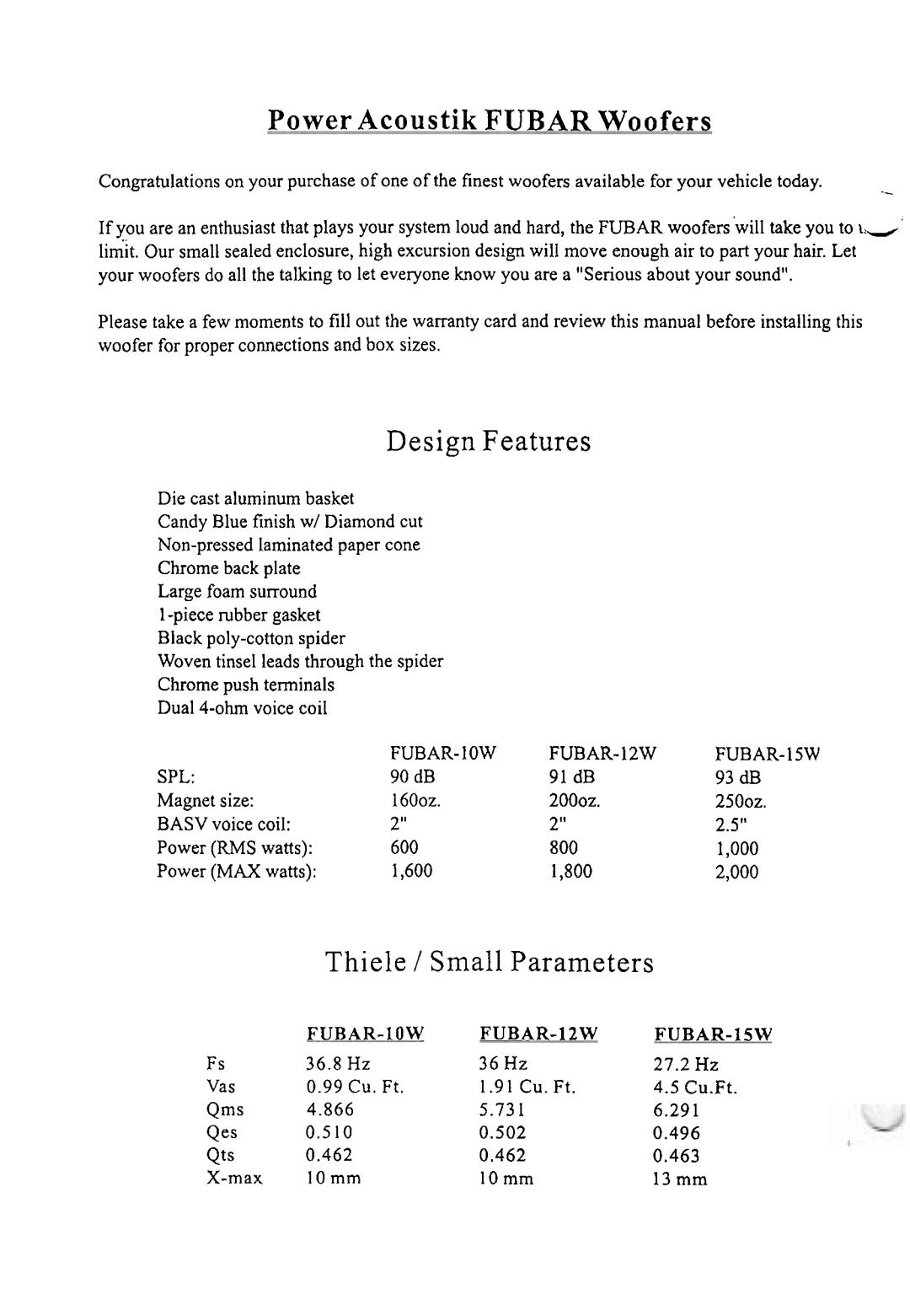 Power Acoustik FUBAR-10W, FUBAR-15W, FUBAR-12W manual Design Features, Thiele / Small Parameters 