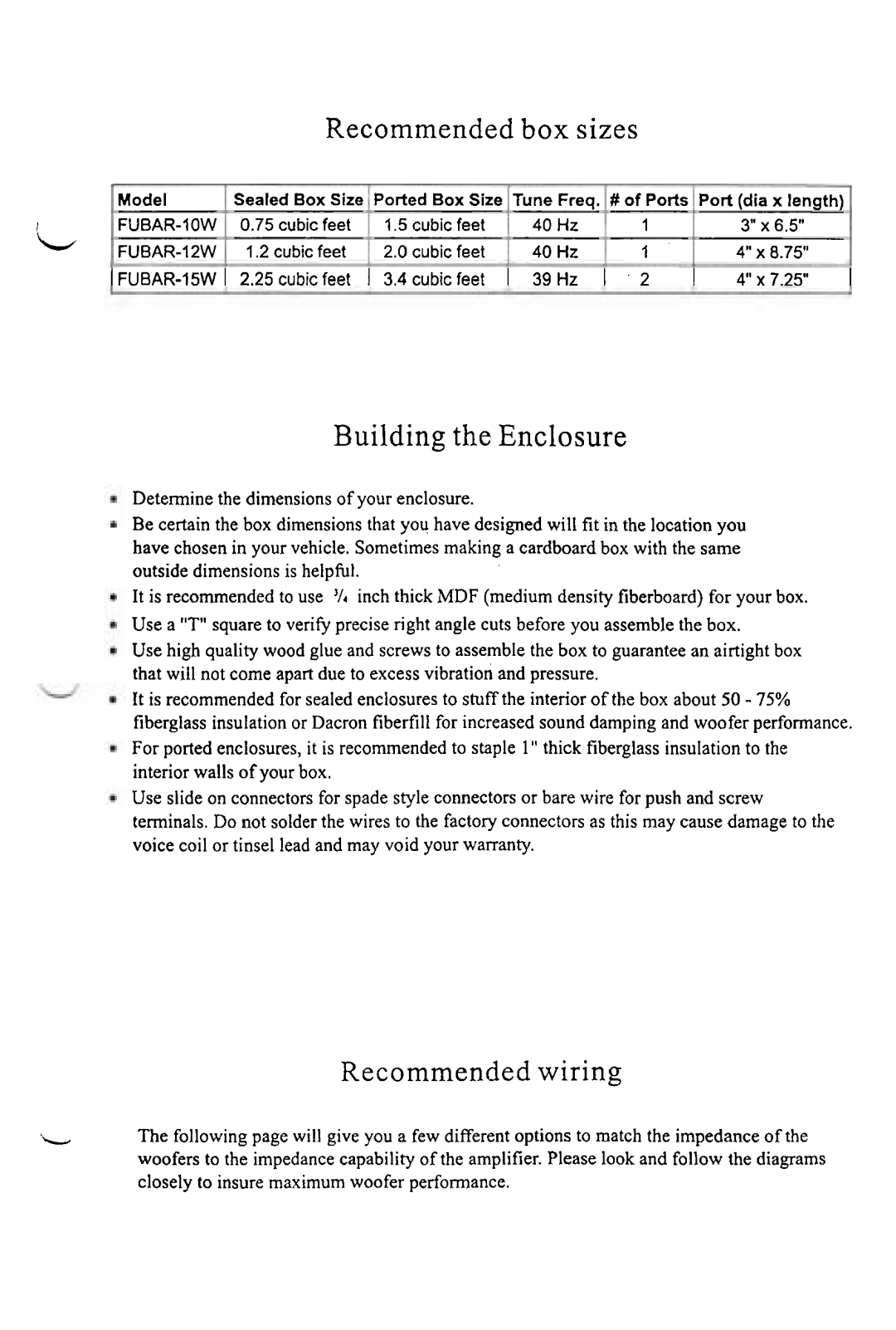 Power Acoustik FUBAR-15W, FUBAR-12W, FUBAR-10W manual Recommended box sizes, Building the Enclosure, Recommended wiring 