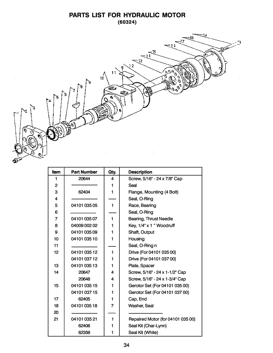 Power Acoustik M-940, M-944, M-1044 instruction manual Parts List For Hydraulic Motor 