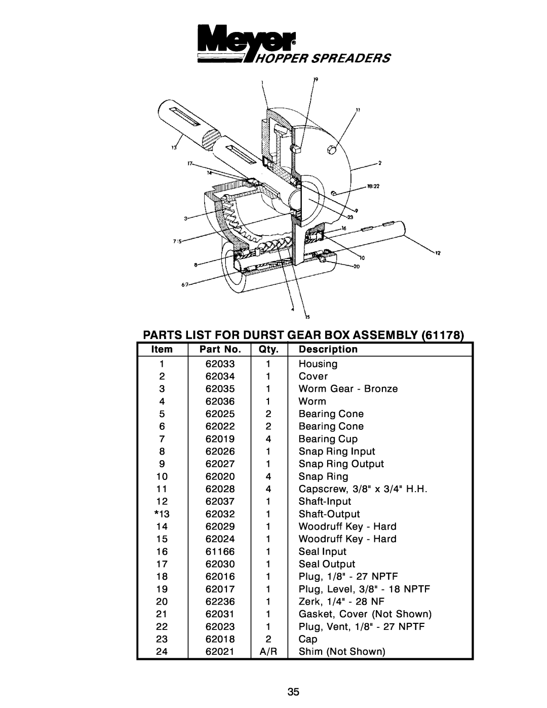 Power Acoustik M-1044, M-944, M-940 instruction manual Parts List For Durst Gear Box Assembly 