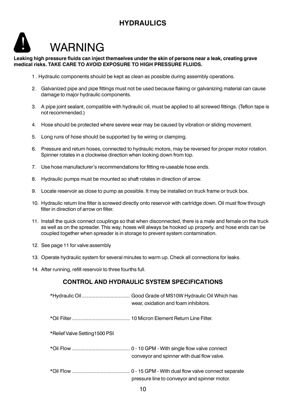 Power Acoustik M-940, M-944, M-1044 instruction manual Hydraulics, Control and Hydraulic System Specifications 