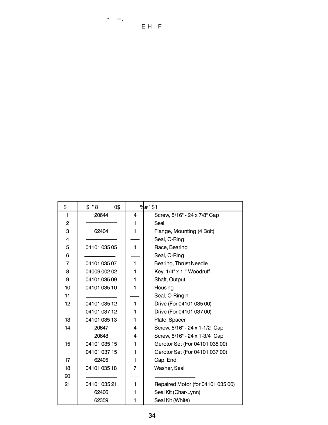 Power Acoustik M-940, M-944, M-1044 instruction manual Parts List for Hydraulic Motor, 60324 