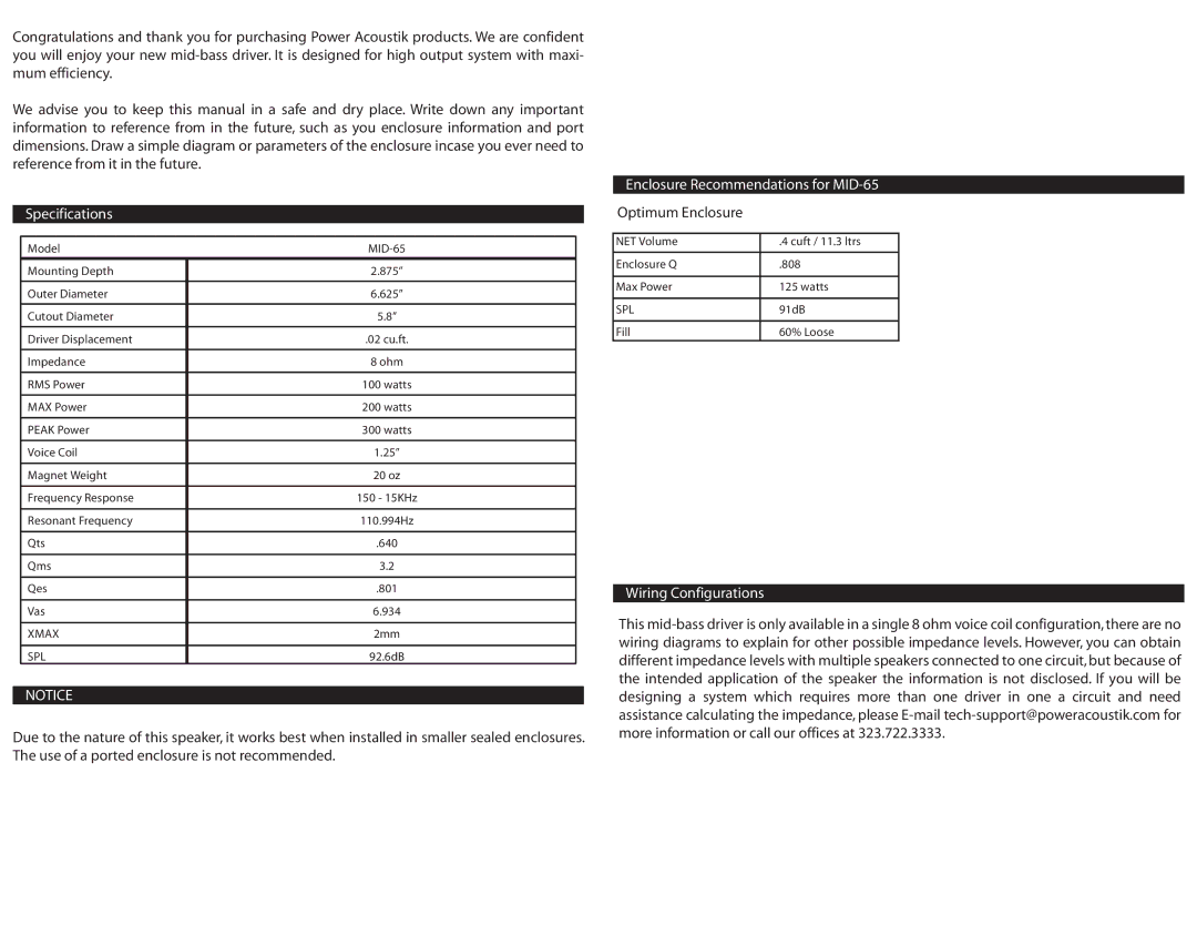 Power Acoustik owner manual Specifications, Enclosure Recommendations for MID-65, Wiring Configurations 