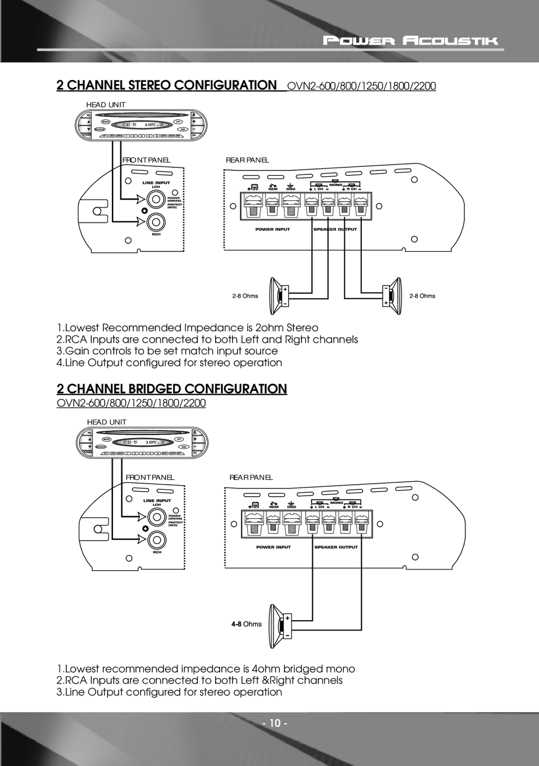 Power Acoustik OVN2-1800, OVN4-840 Channel Stereo Configuration OVN2-600/800/1250/1800/2200, Channel Bridged Configuration 