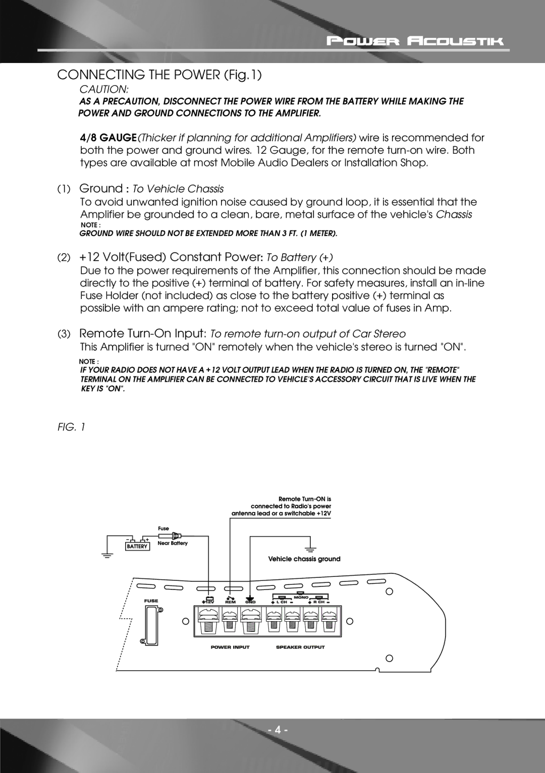 Power Acoustik OVN4-1200, OVN2-600, OVN2-2200, OVN4-1600, OVN4-840, OVN2-800, OVN1-1800D, OVN1-5500D Connecting the Power 