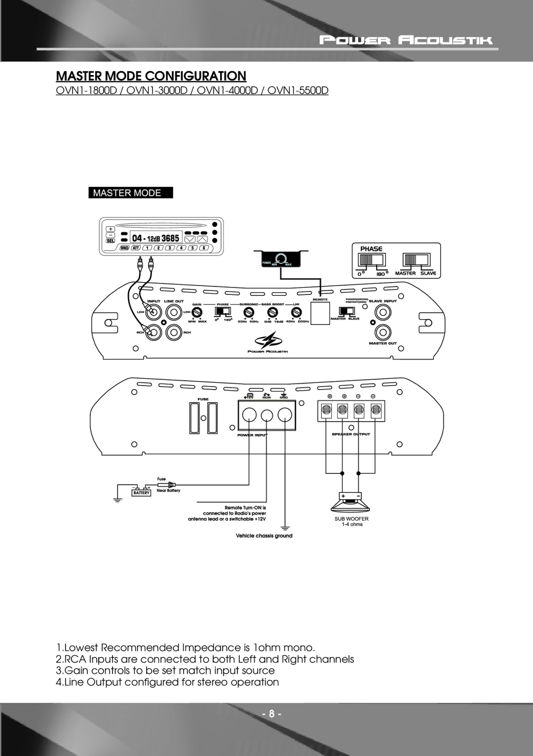 Power Acoustik OVN2-1250, OVN2-600, OVN2-2200, OVN4-1600, OVN4-840, OVN2-800, OVN4-1200, OVN1-1800D Master Mode Configuration 