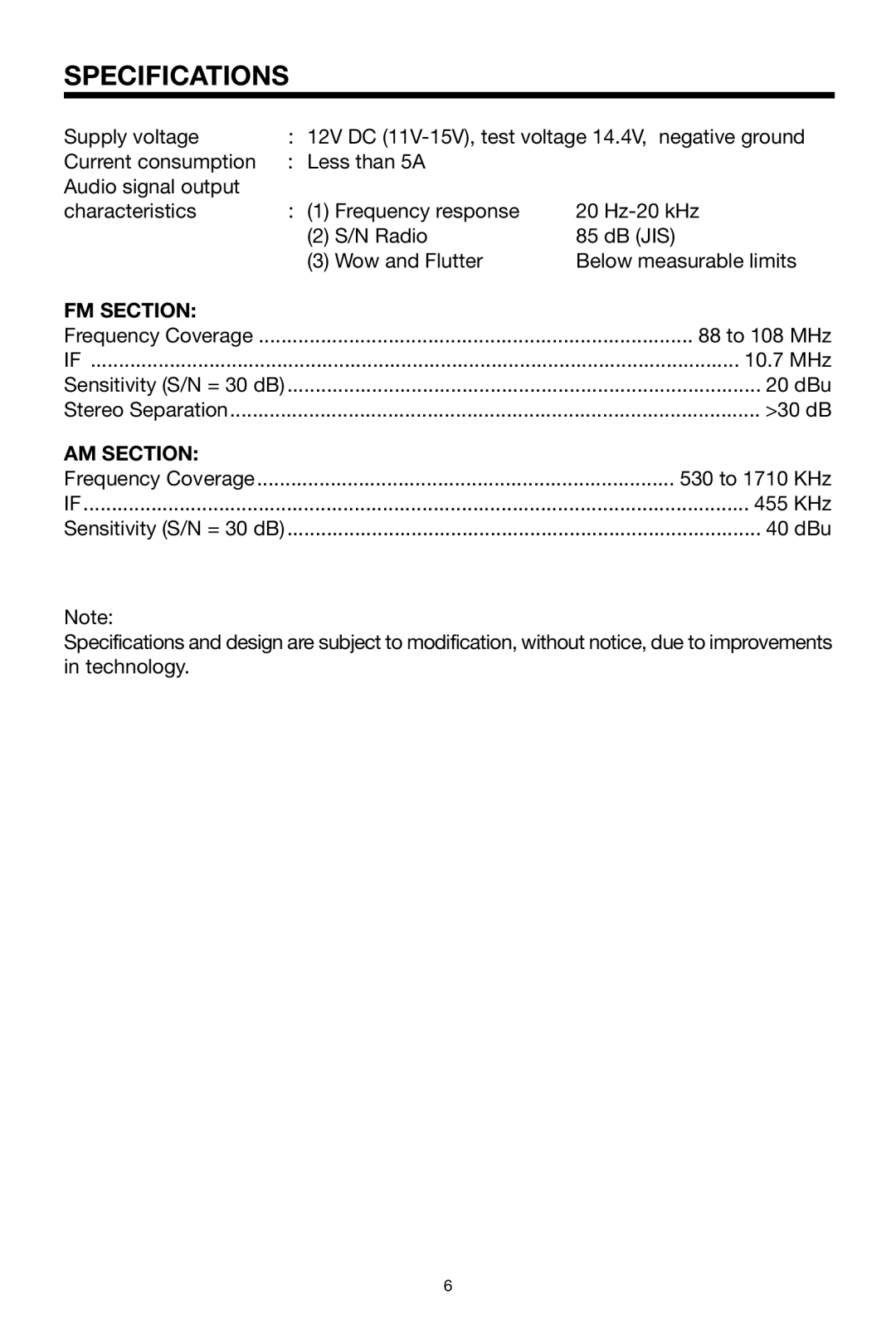 Power Acoustik PACD-507 instruction manual Specifications, FM Section, AM Section 