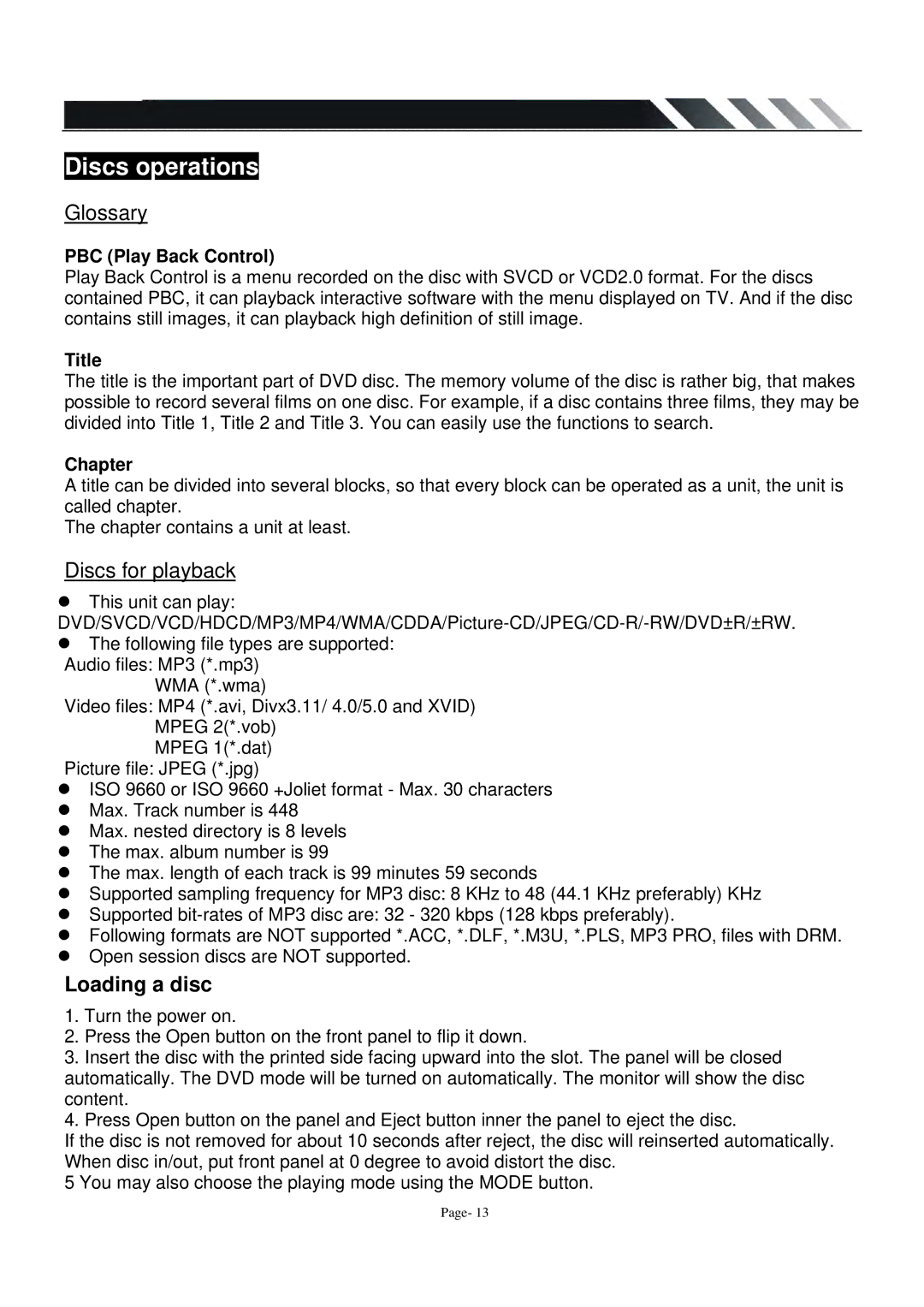 Power Acoustik PADVD-220T owner manual Discs operations, Glossary, Discs for playback, Loading a disc 