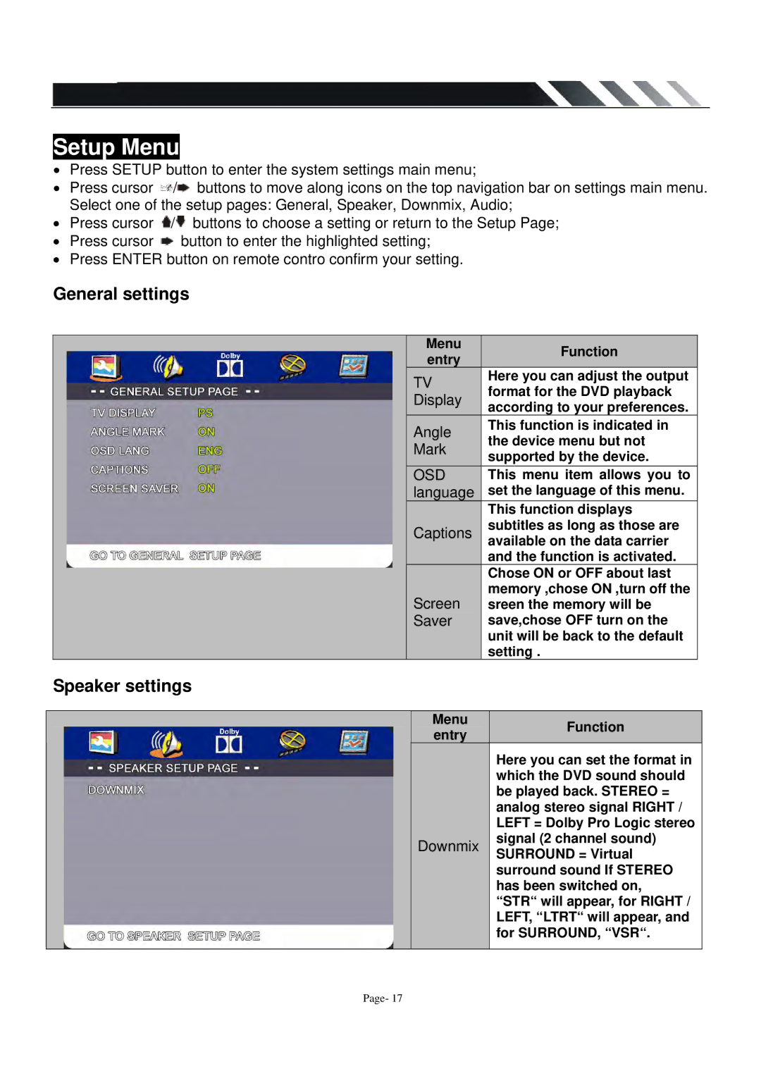 Power Acoustik PADVD-220T owner manual Setup Menu, General settings, Speaker settings, Downmix 