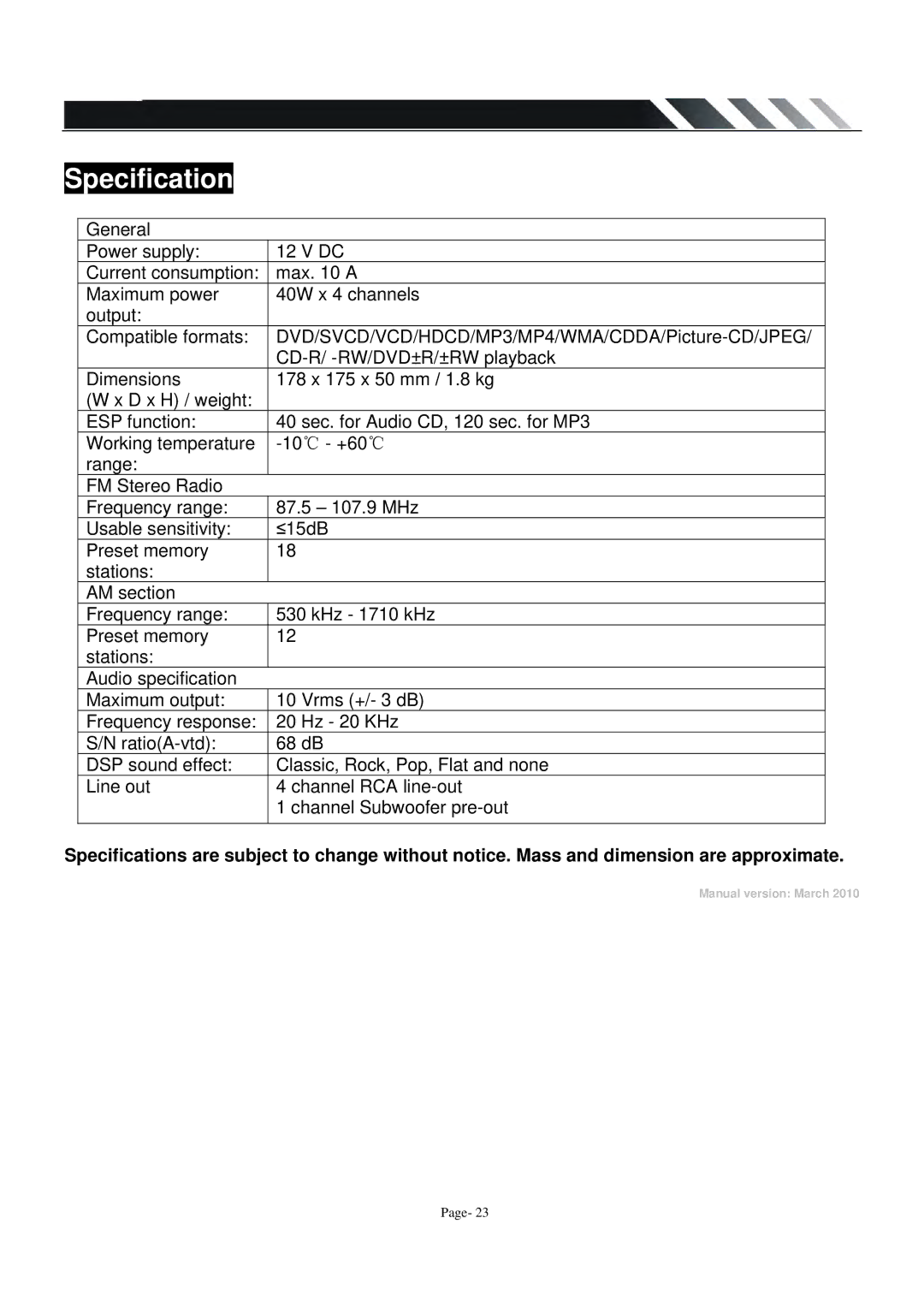 Power Acoustik PADVD-220T owner manual Specification 