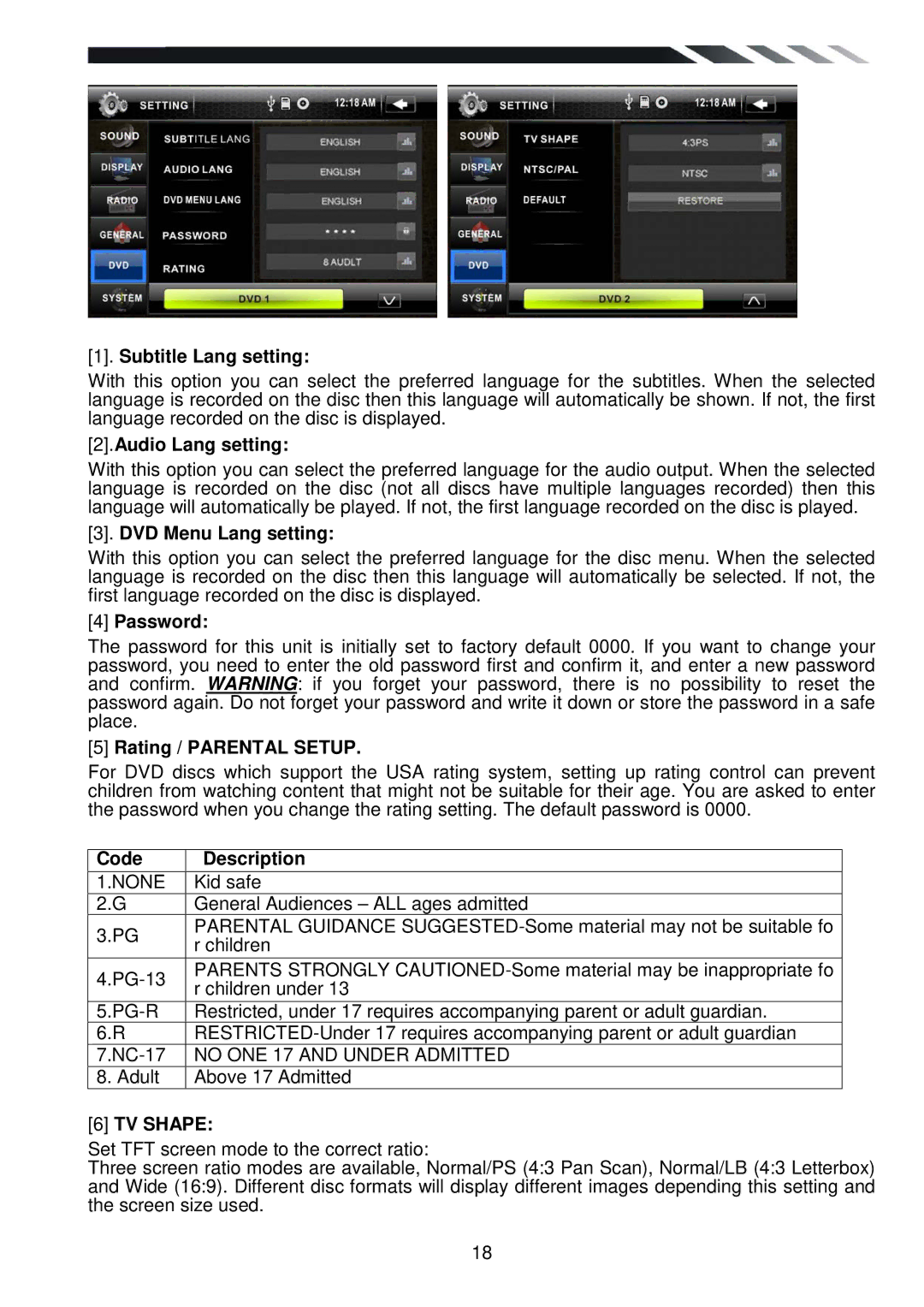 Power Acoustik PD-710T Subtitle Lang setting, Audio Lang setting, DVD Menu Lang setting, Password, Rating / Parental Setup 