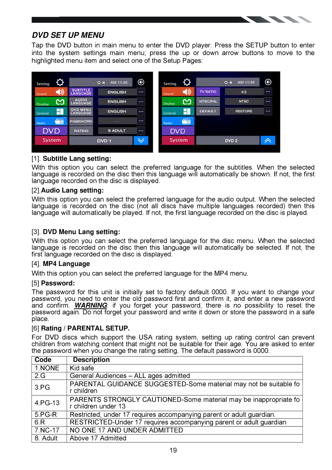 Power Acoustik PD-930B, PD-930T Subtitle Lang setting, Audio Lang setting, DVD Menu Lang setting, MP4 Language, Password 