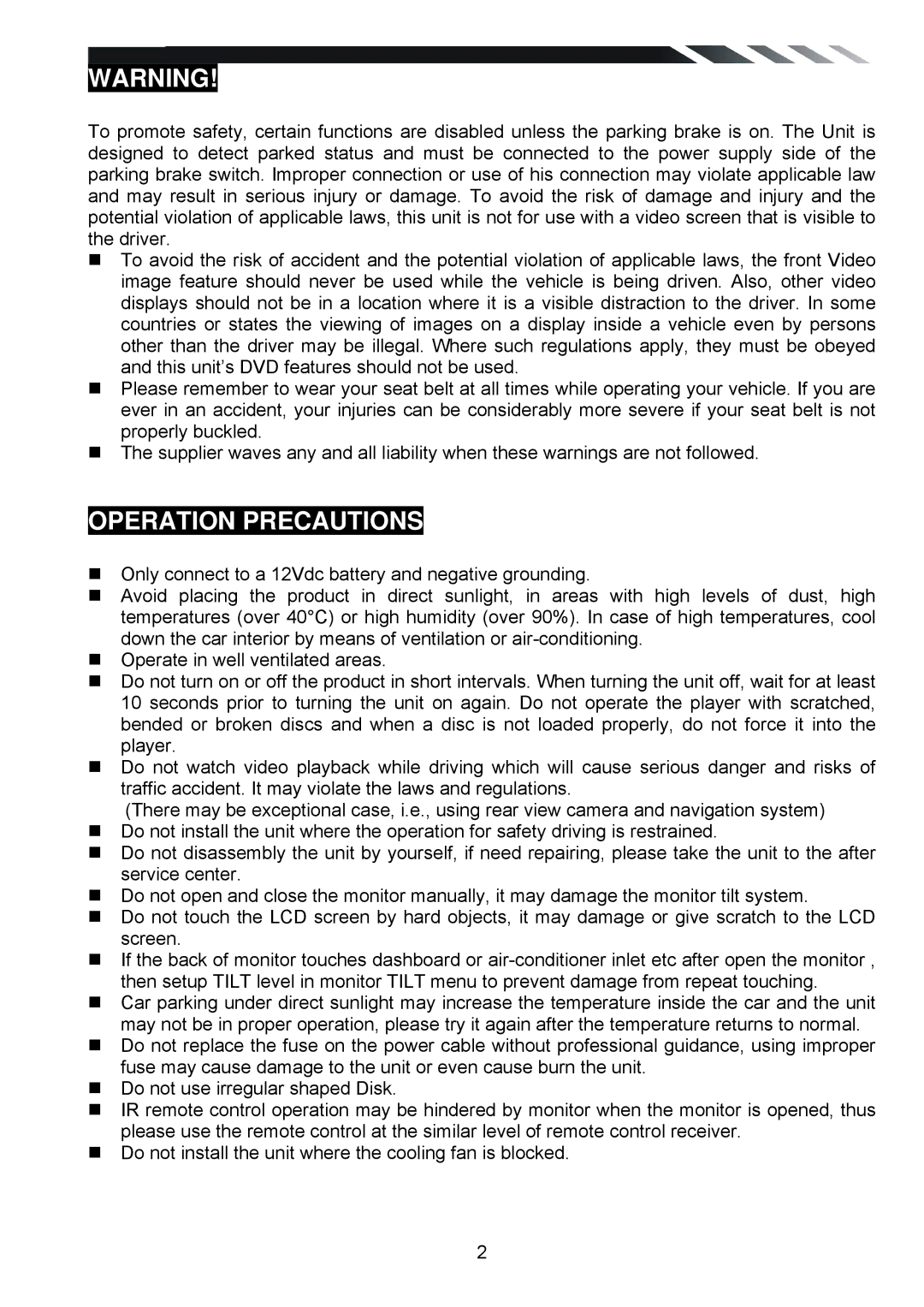 Power Acoustik PD-930T, PD-930BT owner manual Operation Precautions 