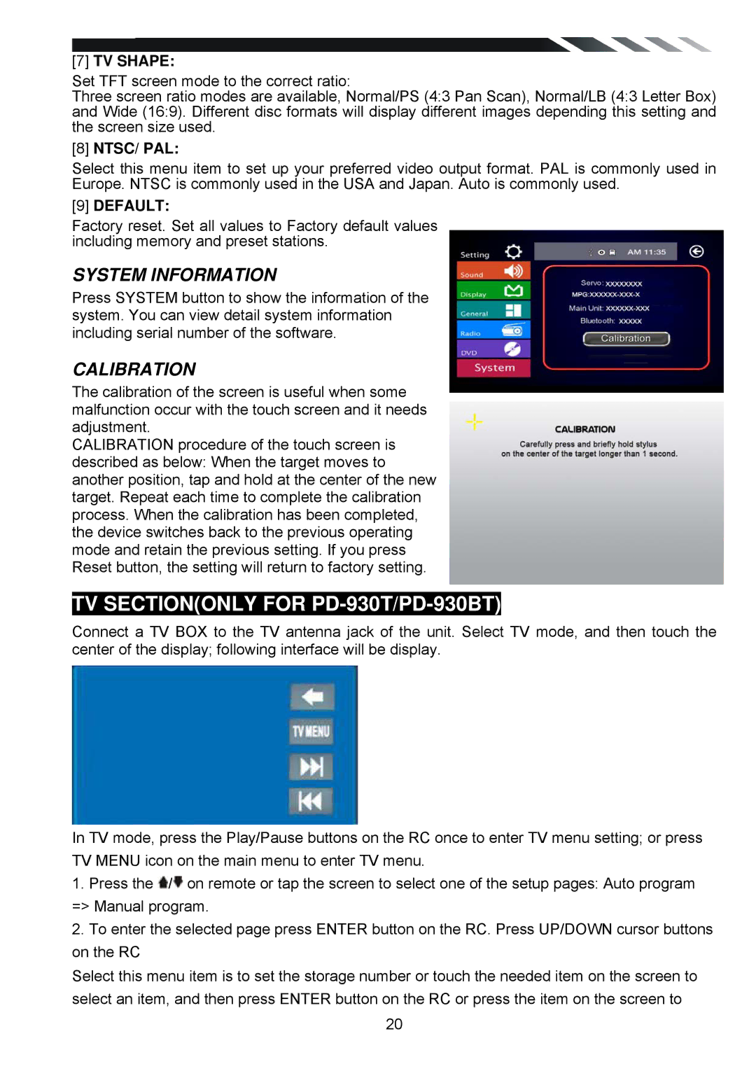 Power Acoustik owner manual TV Sectiononly for PD-930T/PD-930BT, TV Shape, Ntsc/ Pal, Default 