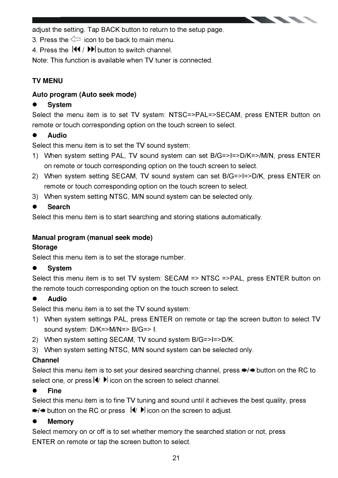 Power Acoustik PD-930BT, PD-930T owner manual TV Menu 