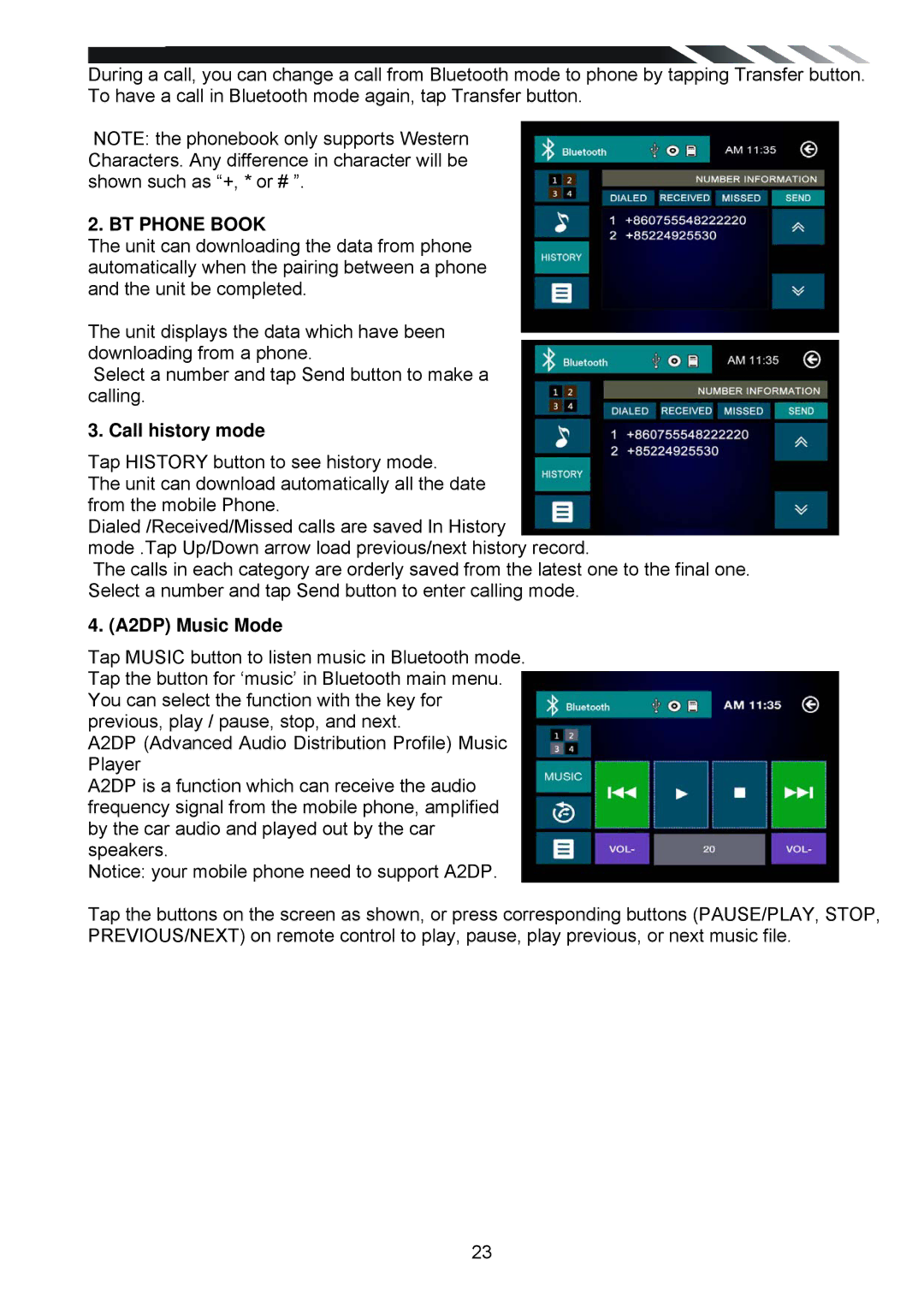 Power Acoustik PD-930T, PD-930BT owner manual BT Phone Book, Call history mode, A2DP Music Mode 