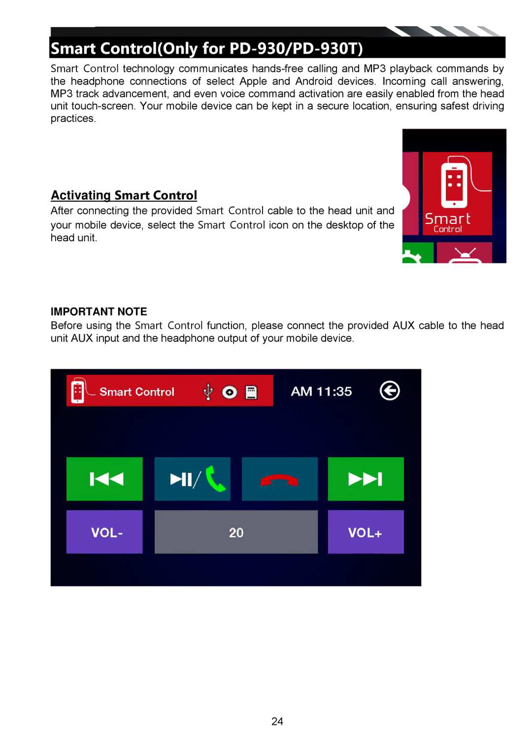 Power Acoustik PD-930BT owner manual Smart ControlOnly for PD-930/PD-930T, Important Note 