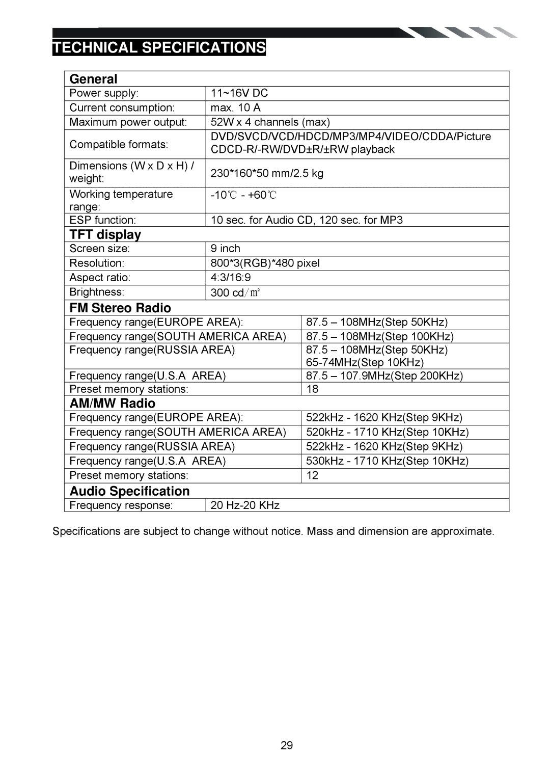 Power Acoustik PD-930BT, PD-930T owner manual Technical Specifications, General 