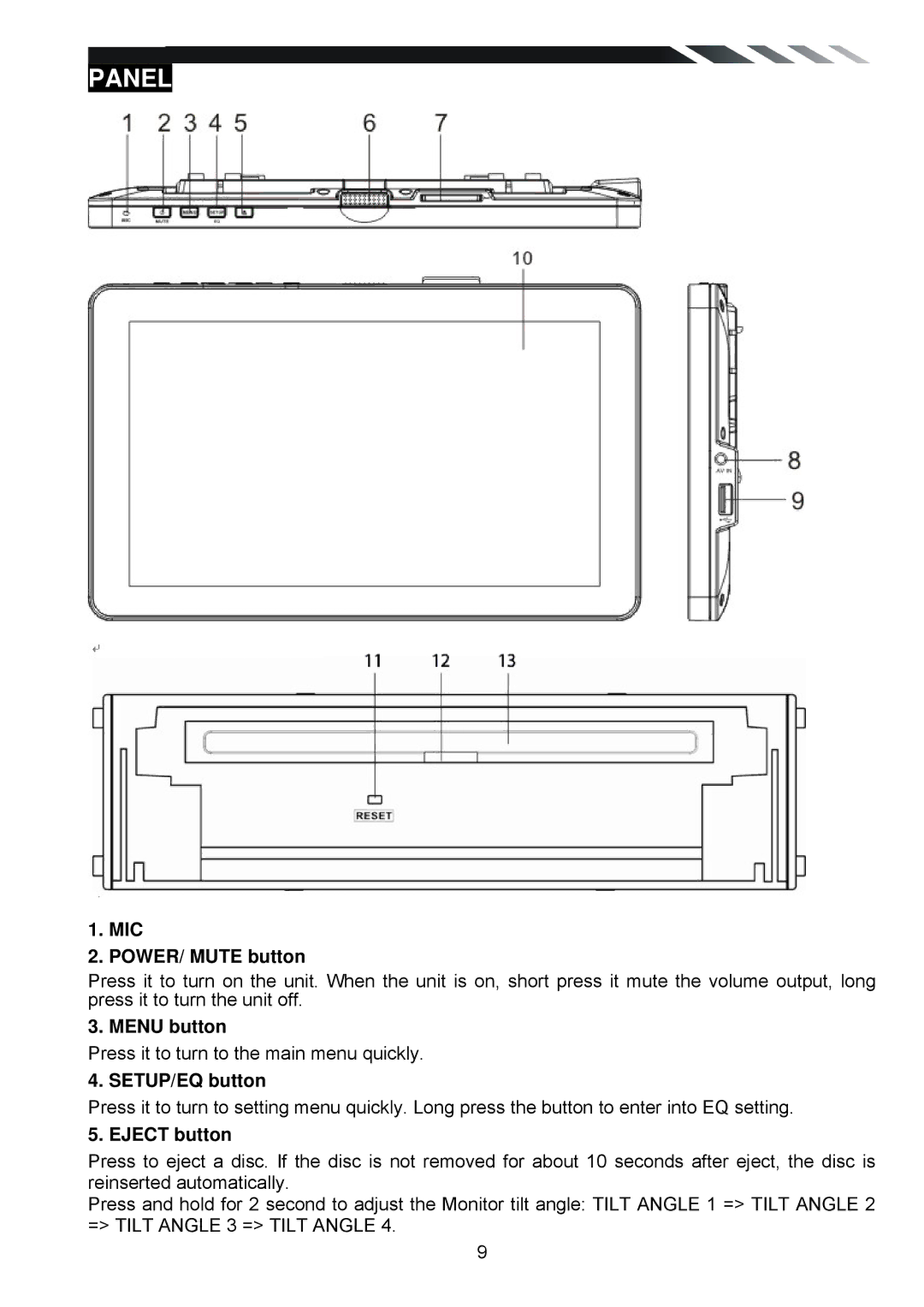 Power Acoustik PD-930BT, PD-930T owner manual Panel, MIC POWER/ Mute button, Menu button, SETUP/EQ button, Eject button 