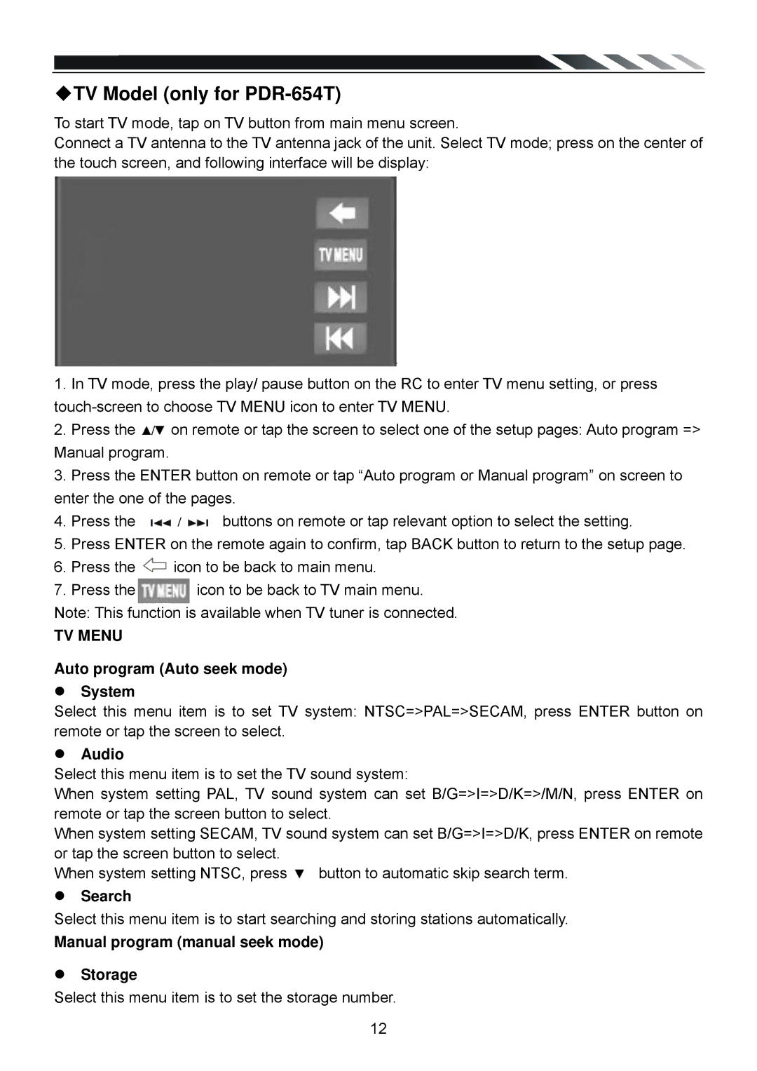 Power Acoustik PDR-654/PDR-654T owner manual TV Model only for PDR-654T, Auto program Auto seek mode System, Audio, Search 