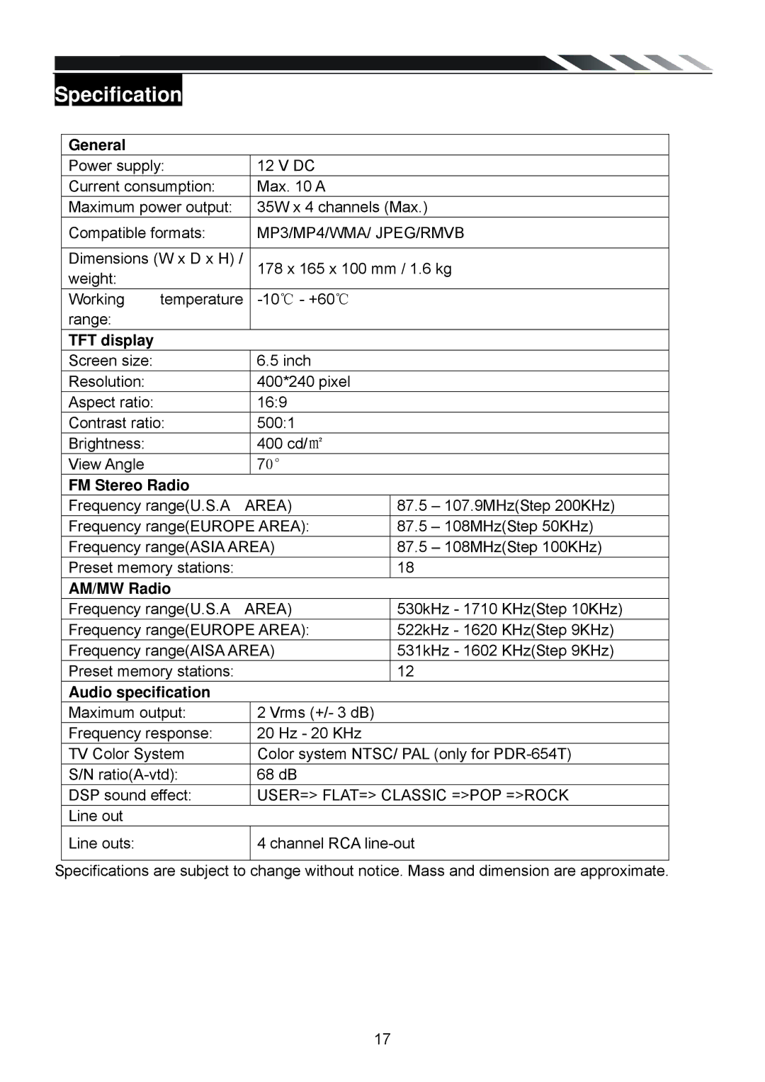 Power Acoustik PDR-654/PDR-654T owner manual Specification, TFT display, FM Stereo Radio, AM/MW Radio, Audio specification 