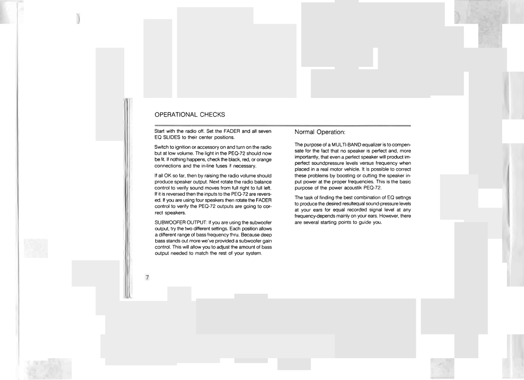Power Acoustik PEQ-72 manual Operational Checks, Normal Operation 