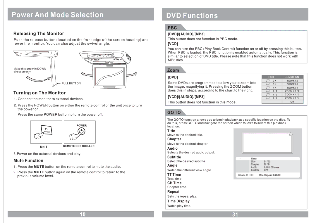 Power Acoustik PMD-112CMX owner manual Power And Mode Selection, DVD Functions, Pbc, GO to 