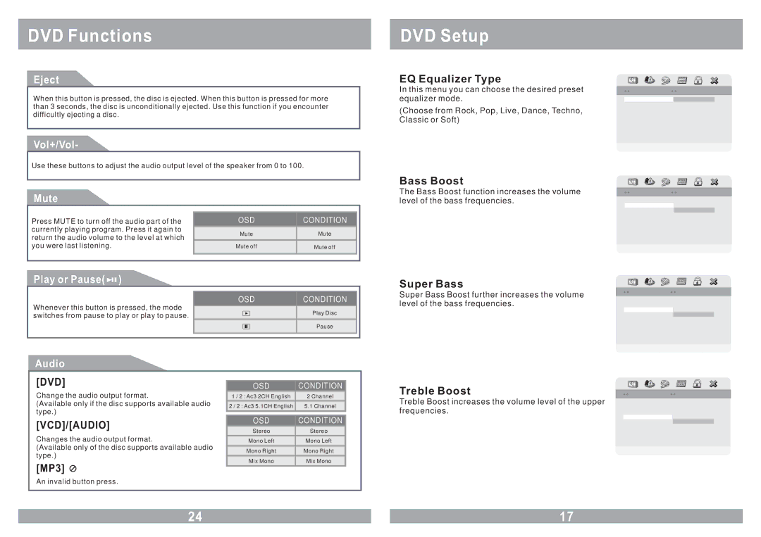 Power Acoustik PMD-112CMX owner manual EQ Equalizer Type, Bass Boost, Super Bass, Treble Boost, Vcd/Audio 