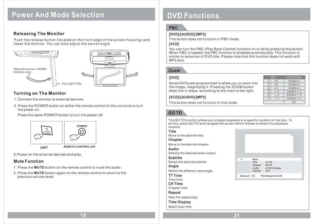 Power Acoustik PMD-90CM owner manual Power And Mode Selection, DVD Functions, Pbc, GO to 