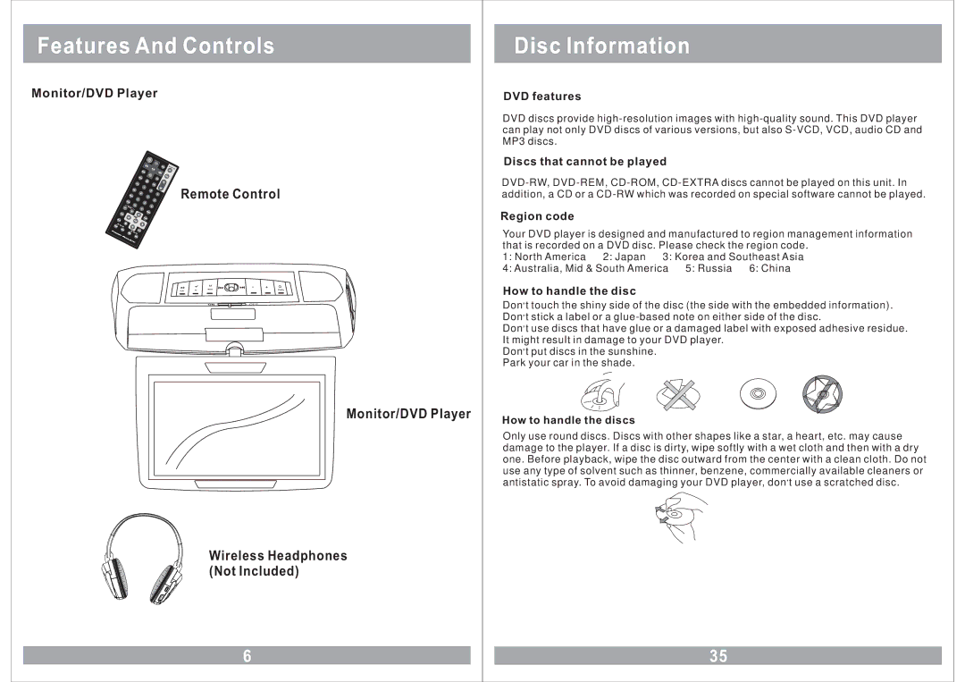 Power Acoustik PMD-90CM owner manual Features And Controls, Disc Information, Monitor/DVD Player, Remote Control 