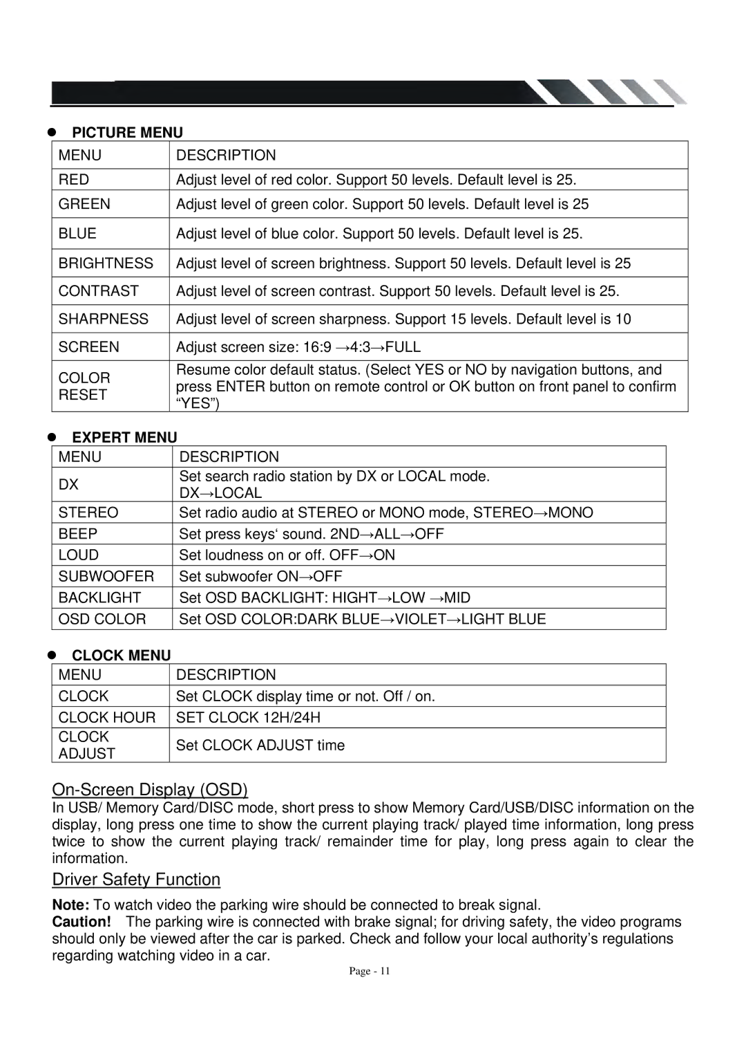 Power Acoustik PTID-3600T owner manual On-Screen Display OSD, Driver Safety Function, Picture Menu, Expert Menu 