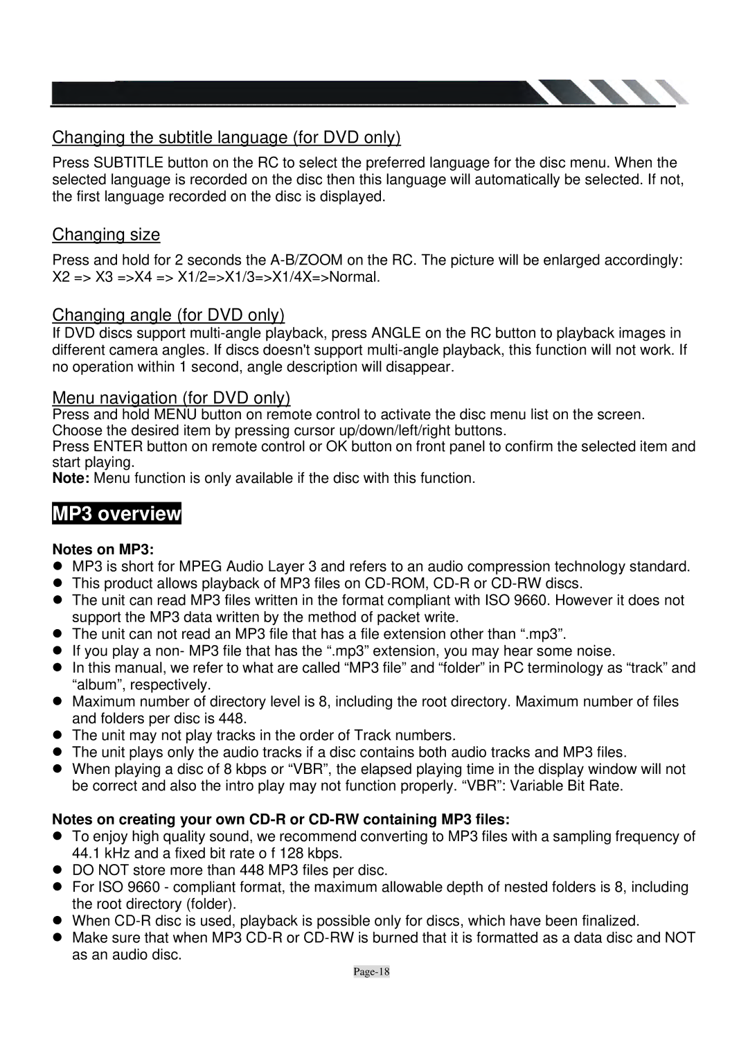 Power Acoustik PTID-3600T owner manual MP3 overview, Changing the subtitle language for DVD only, Changing size 