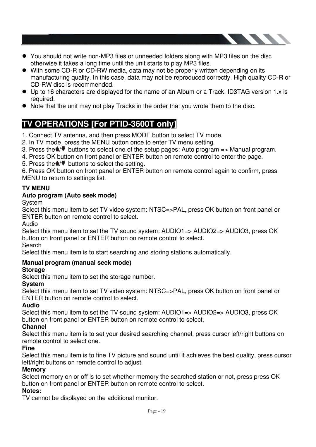 Power Acoustik owner manual TV Operations For PTID-3600T only 