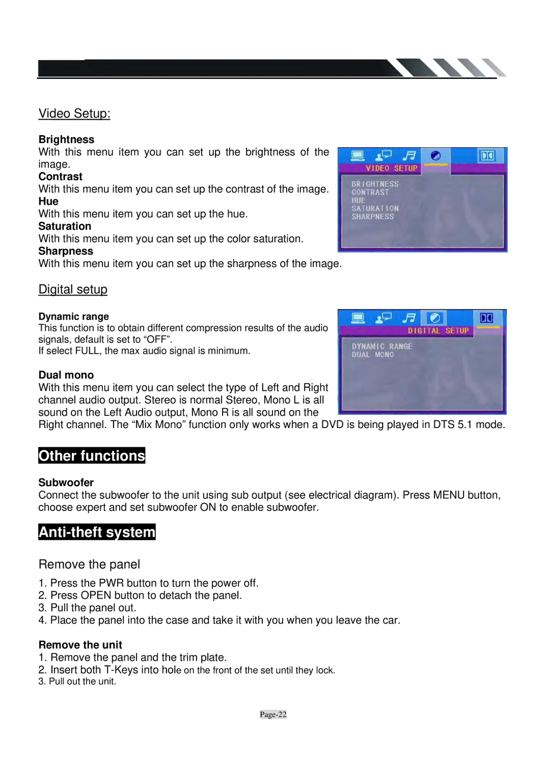 Power Acoustik PTID-3600T owner manual Other functions, Anti-theft system, Video Setup, Digital setup, Remove the panel 
