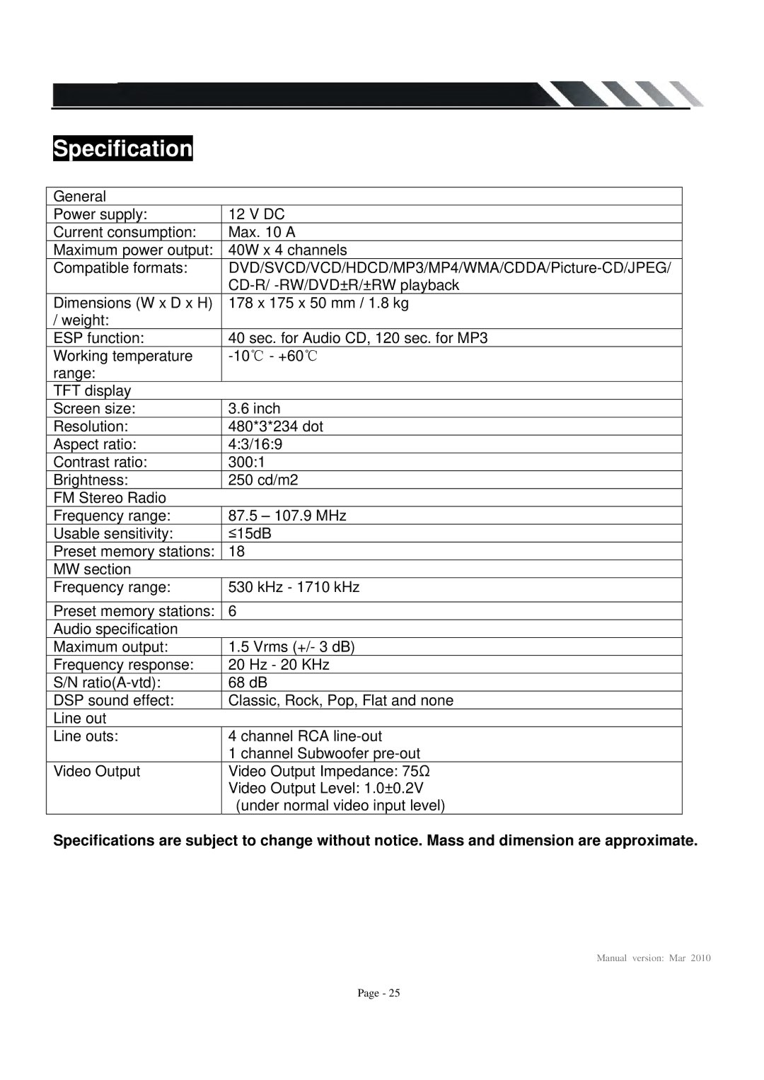 Power Acoustik PTID-3600T owner manual Specification 